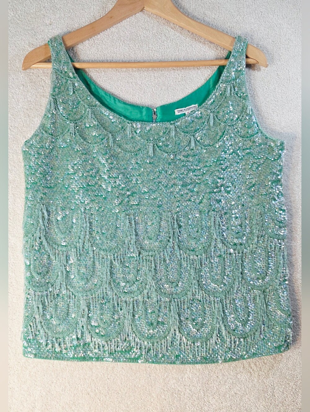 Vtg. Heavy Bead Sequin Fringe Tank Top Sea Green Mermaid Flapper British Crown M